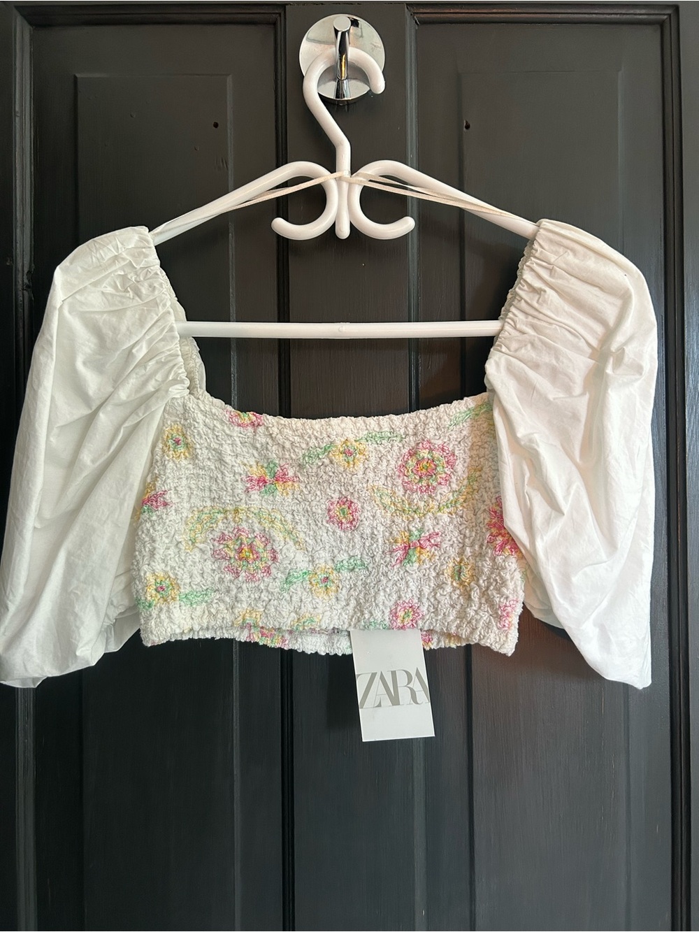 Zara White Floral Smocked Puff-Sleeve Crop Top